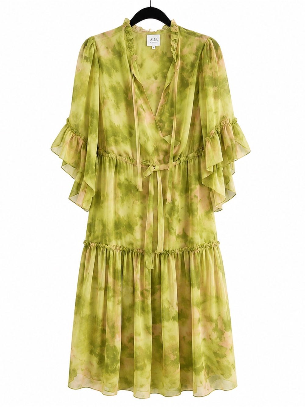 Misa Los Angeles Olive Green Tie-Dye Ruffle Midi Dress